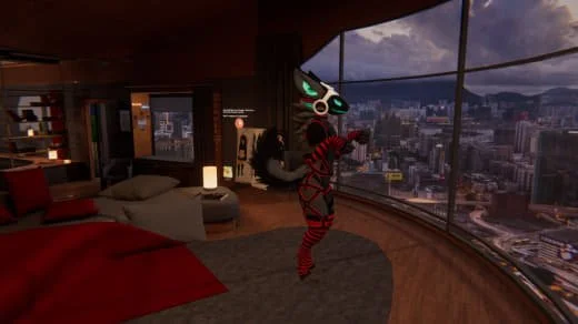 Person dressed in a red and black striped costume dancing in a modern apartment with large windows, cityscape view, and interior furnishings.
