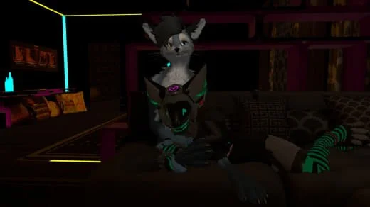 Two anthropomorphic characters in a dimly lit room with colorful neon lights; one has gray fur and large ears, the other has dark fur with bright striped socks.