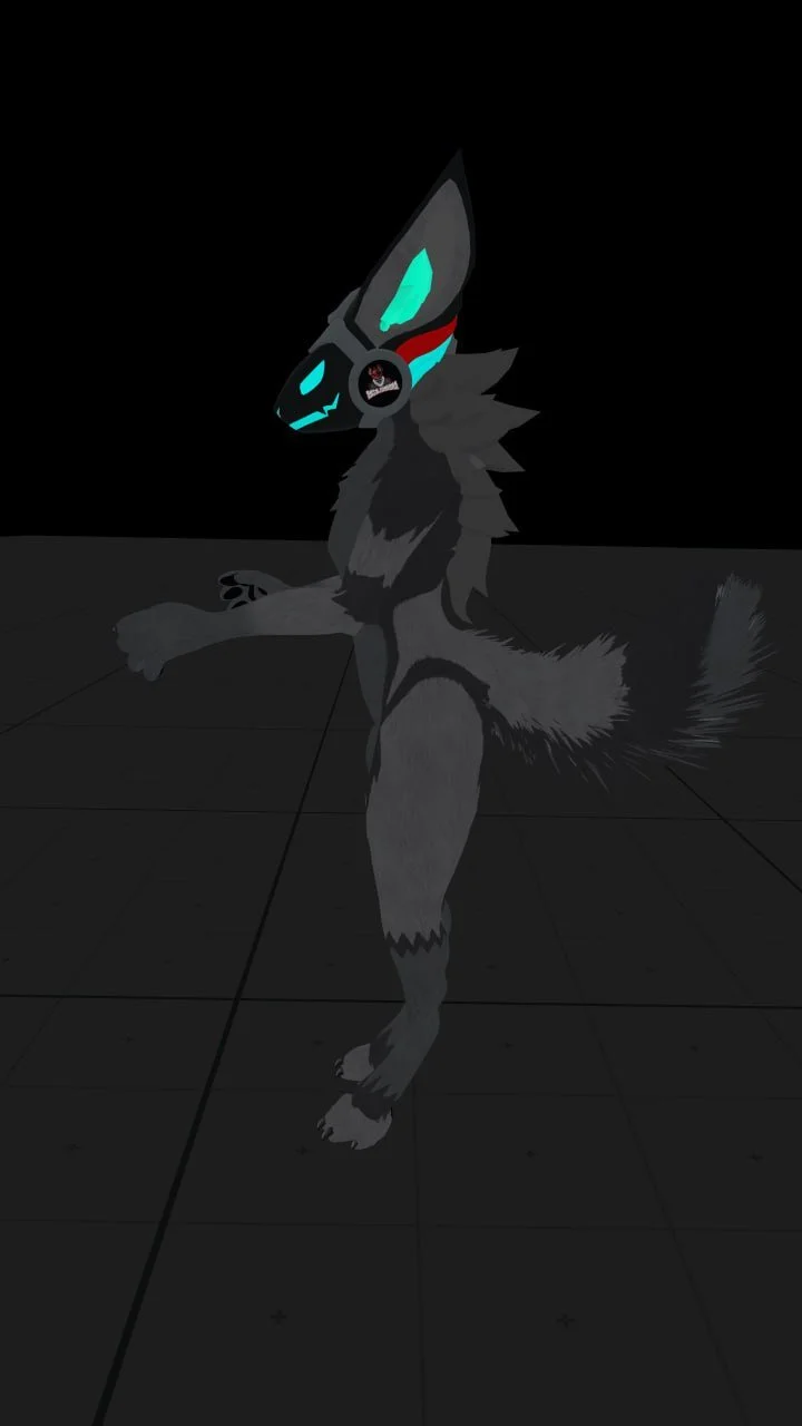 A digital illustration of an anthropomorphic wolf character with a sleek black and gray fur pattern, wearing a futuristic robotic mask with glowing blue accents, standing on a tiled floor in a dark background.