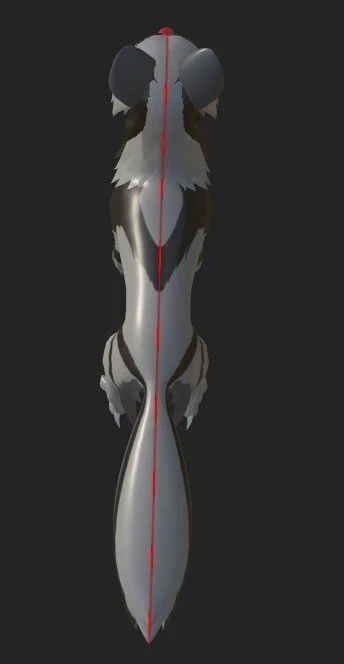 Top view of a stylized, symmetrical animal with black and gray fur, pointed ears, and a long, flowing tail, centered with a red line running along the middle.