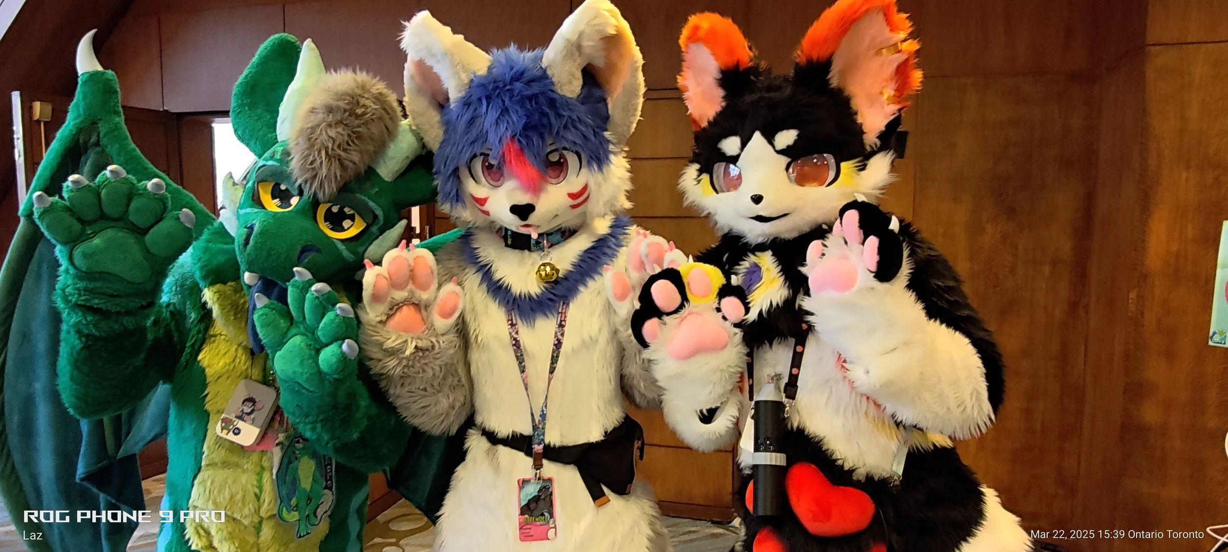 Three people dressed in colorful animal costumes, including a green dragon, a blue and white feline, and a black and white fox, all posing together at an indoor event.