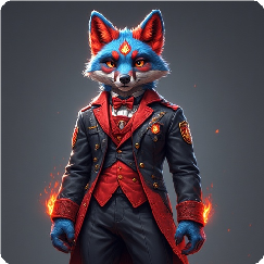 Anthropomorphic blue fox with orange eyes, wearing a formal suit with a jacket, vest, and tie, standing against a dark background with fiery glow effects.