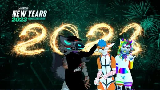 Three anthropomorphic characters celebrating New Year's 2023 with fireworks in the background