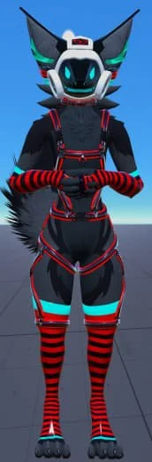 Anthropomorphic fox character in a futuristic black and red suit with neon accents, standing with hands clasped, against a clear blue sky background.