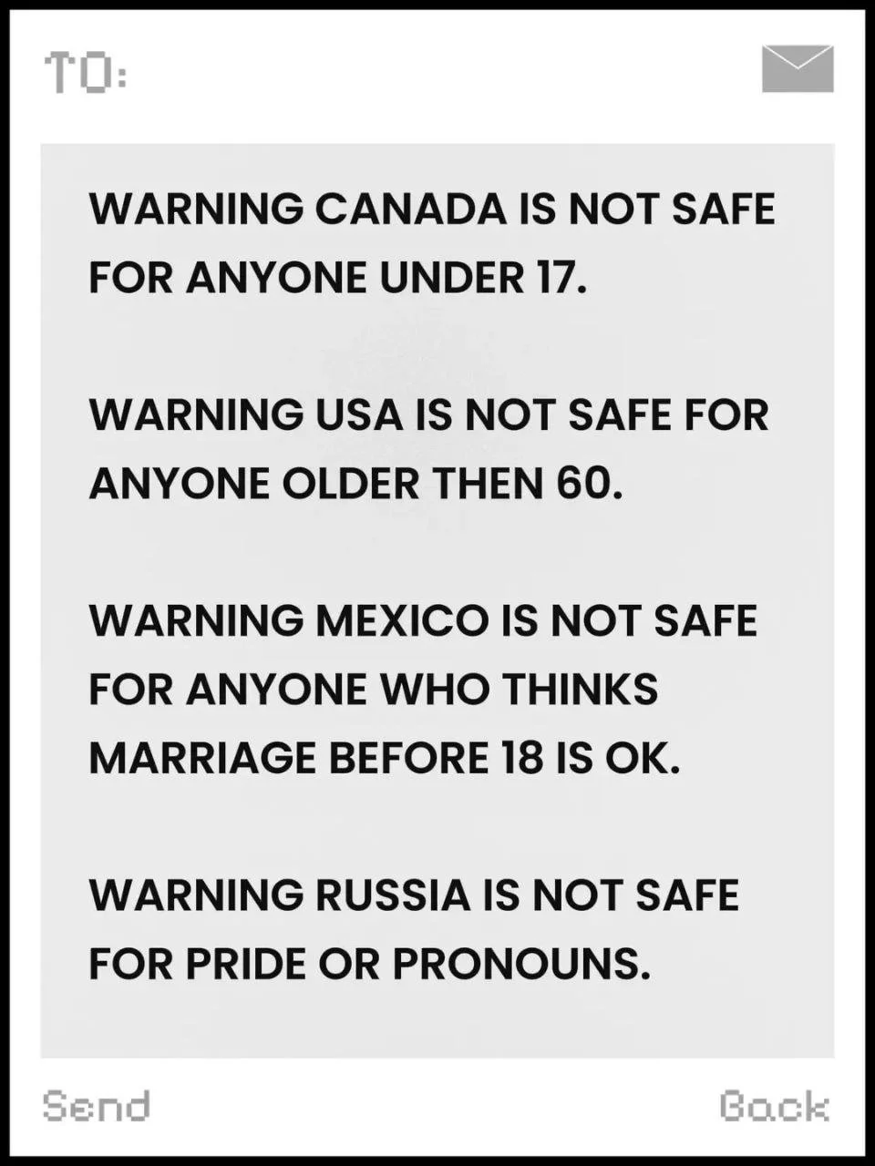 Text message highlighting safety warnings for different countries regarding age, marriage, pride, and pronouns.