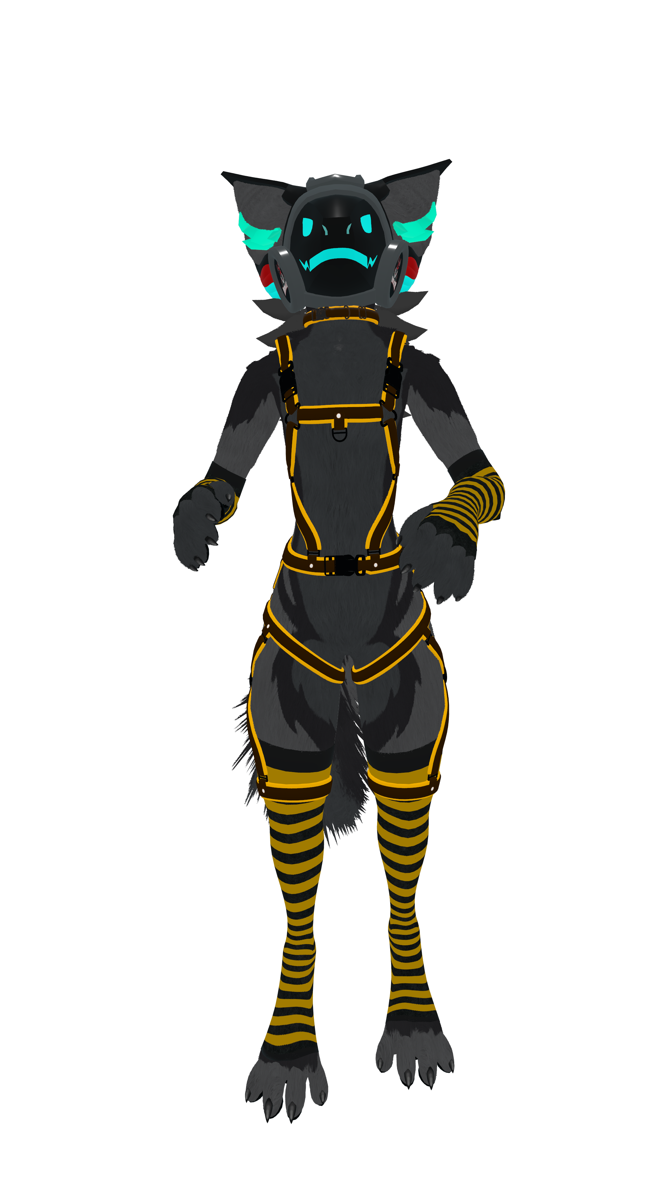 An anthropomorphic wolf-like character wearing a black and yellow striped suit, with glowing blue accents and a black helmet with blue designs, stands against a dark background.