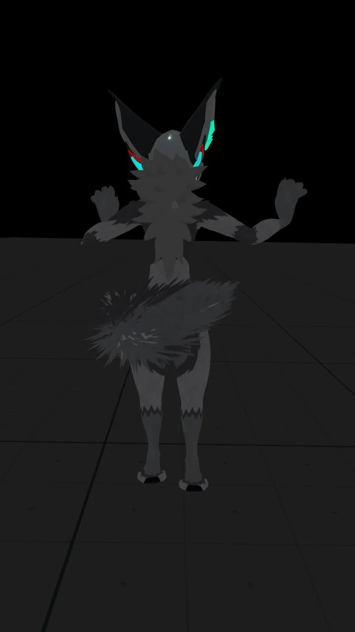 A digital drawing of a black and gray wolf with glowing blue and red eyes, standing in a dark environment, facing away with arms raised.