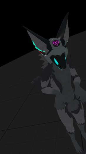 A digital illustration of a black wolf with glowing cyan eyes and a purple heart on its forehead, set against a dark background.