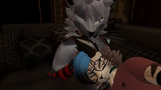Animated characters resembling a wolf and a girl with blue hair in an embrace.