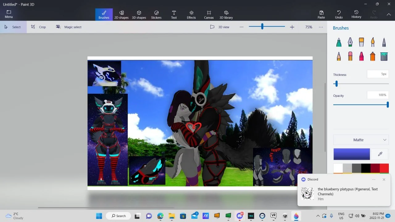 Digital artwork of two anthropomorphic characters hugging outdoors with trees and blue sky in the background. The characters have wolf or fox features, with one wearing headphones and red and black striped clothing, and the other having a darker fur 