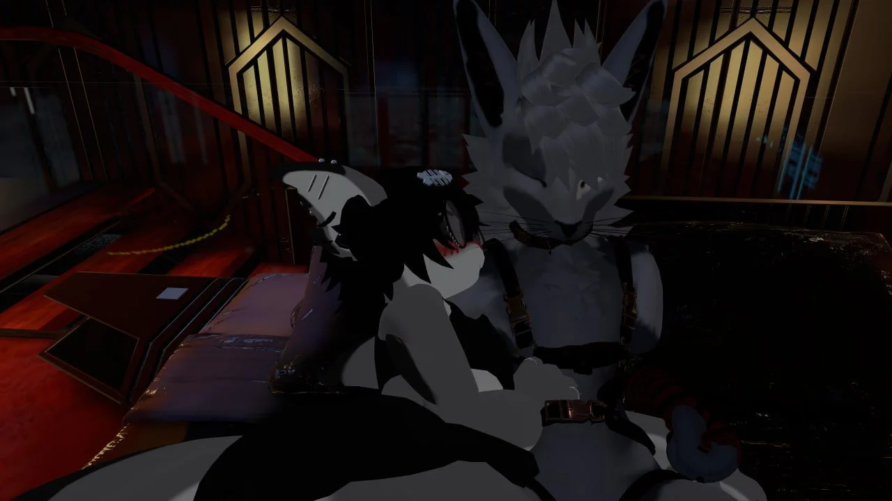 Anthro wolf and anthro fox characters in a bedroom, lying on a bed, with the wolf hugging the fox.
