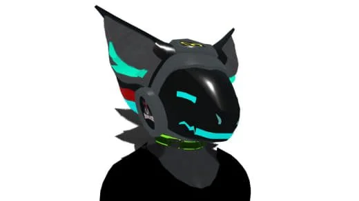 A digital illustration of a black anthropomorphic cat character with neon blue and red accents and pointed ears.
