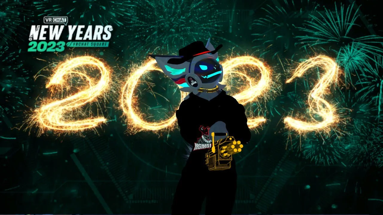 Celebration for New Year's 2023 with fireworks, a digital character wearing a cap and hoodie, and the text 'VR Chat New Years 2023 Times Square'.