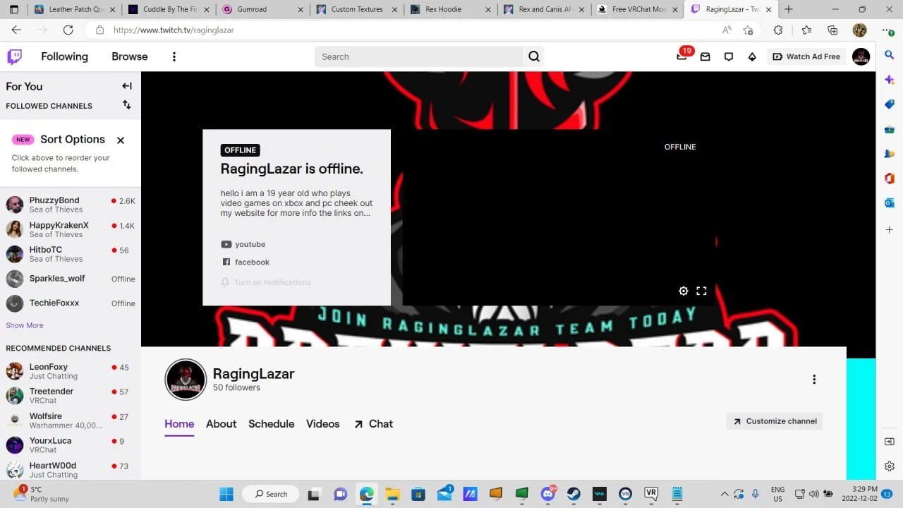 Screenshot of a Twitch channel page for RagingLazar, who is currently offline. The page displays the channel name, follower count, navigation tabs (Home, About, Schedule, Videos, Chat), and a black and red graphic with the text 'Join RagingLazar Team