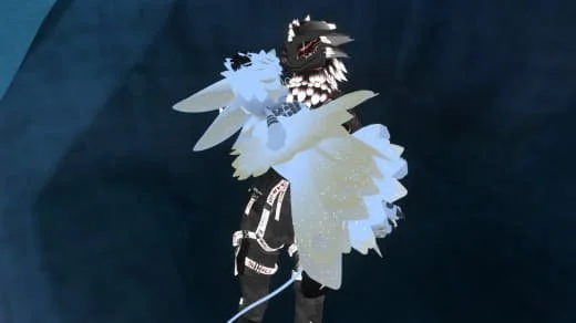Two animated characters resembling wolves or foxes, one white and one black, standing close together against a dark background.