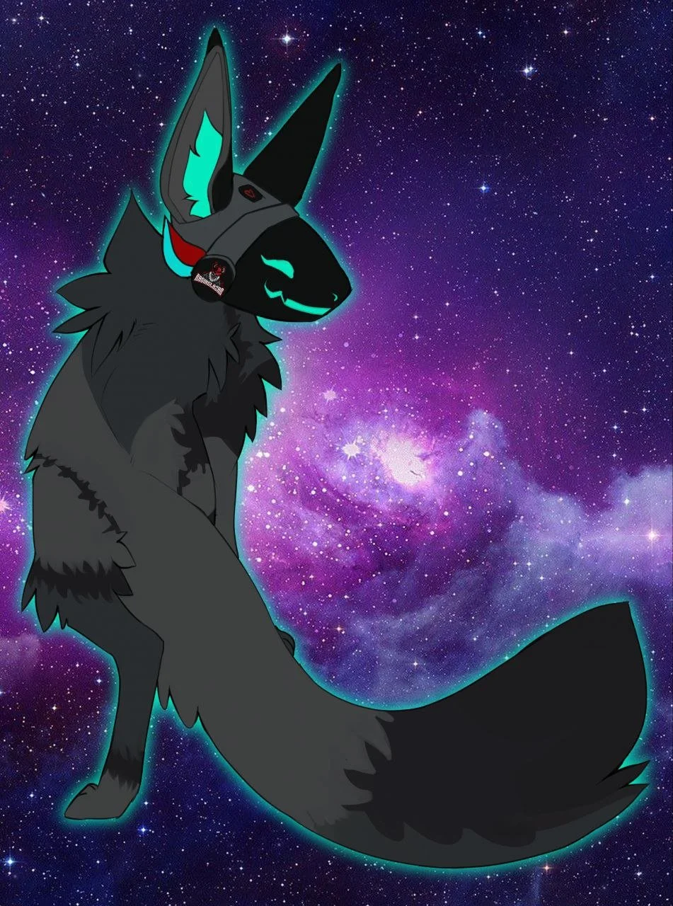 Cartoon black fox with glowing teal accents, wearing headphones, against a starry galaxy background.