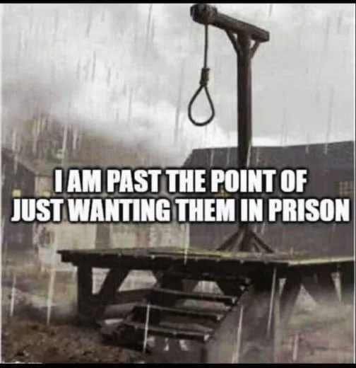 A gallows with a noose hanging from it during a rainstorm, with the text "I am past the point of just wanting them in prison" overlaid.