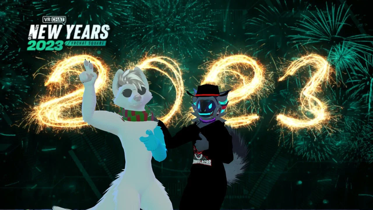 Two animated characters celebrating New Year's 2023 with fireworks in the background. One character is a white anthropomorphic animal wearing sunglasses, a scarf, and giving a peace sign. The other is a dark, robotic humanoid with glowing blue eyes, 