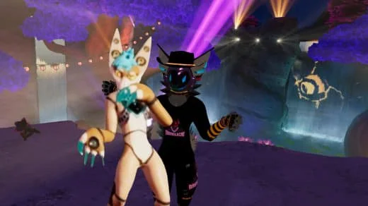 Two animated characters standing in a colorful, fantasy forest with glowing trees and misty background.