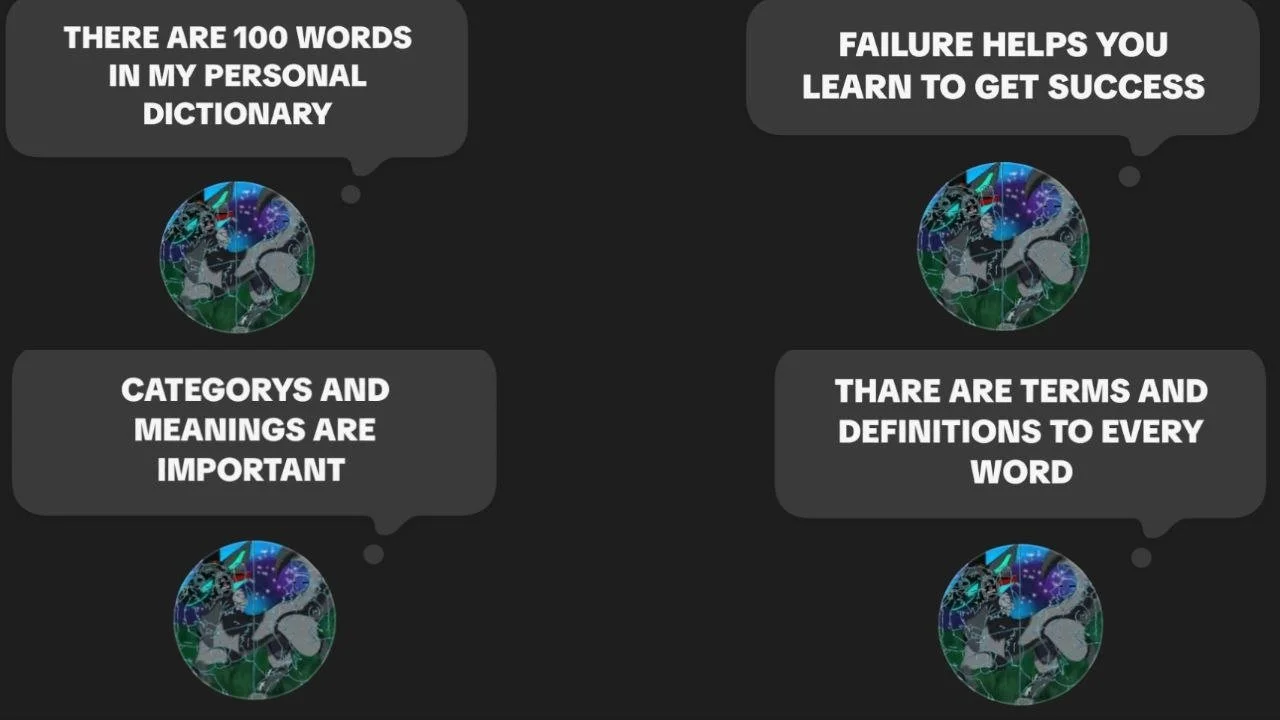 Four speech bubbles with quotes about language and learning, each positioned near a globe with digital patterns, on a dark background.
