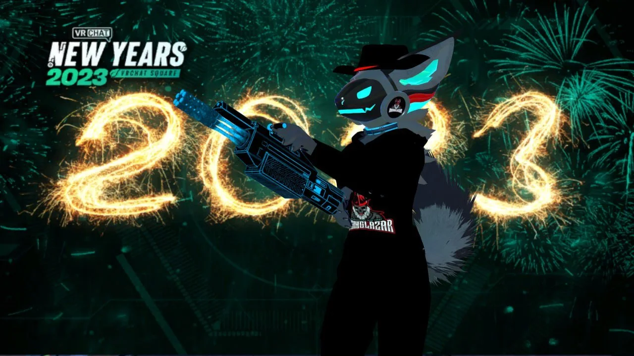 Anthropomorphic cartoon fox character wearing a hat and hoodie, holding a gun, with a New Year's 2023 fireworks display in the background.