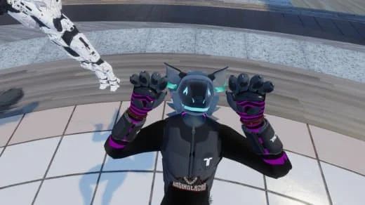 Character in a virtual reality game wearing a black and purple suit, black gloves, and a helmet with glasses, raising both fists in front of a cityscape background.