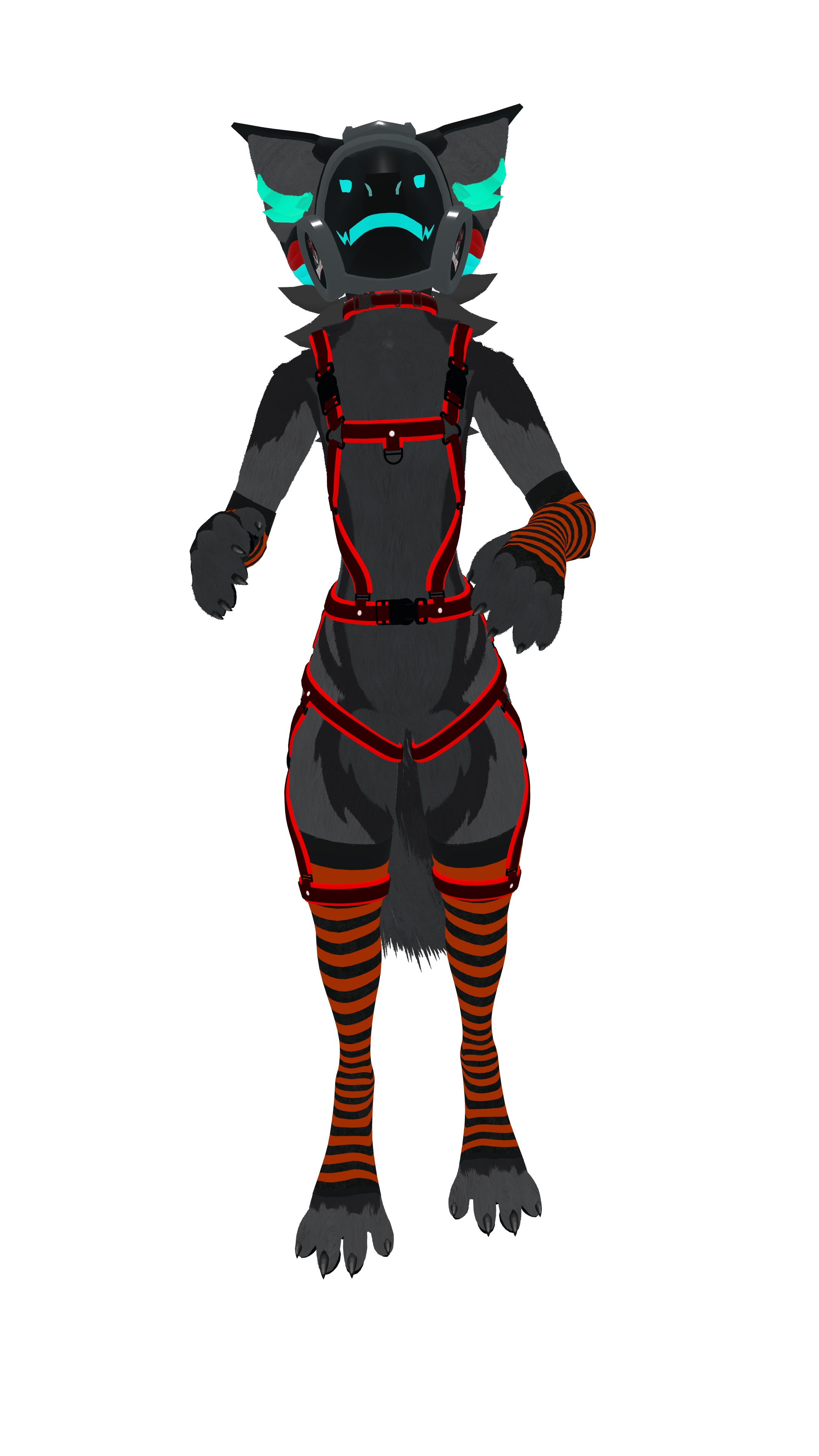 Anthropomorphic wolf character wearing a futuristic helmet with glow accents, red harness, and striped orange and black legwear, standing against a black background.