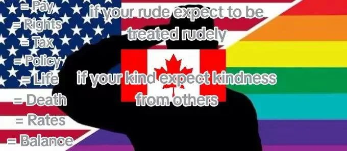 Silhouette of a person's head with a rainbow-colored background and a Canadian flag inside the silhouette. Text over the image reads: 'if you rude expect to be treated rudely, if your kind expect kindness from others.'