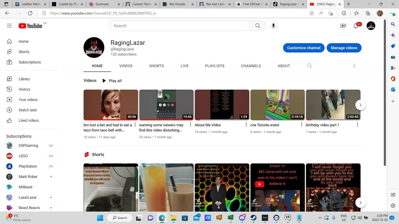 YouTube channel page for RagingLazar with videos and shorts displayed.