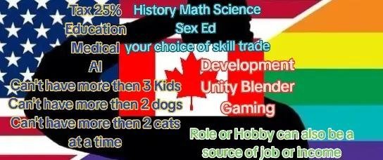 A colorful collage with an American flag background. It contains various phrases in different colors, fonts, and sizes, including words like "Tax 25%", "History Math Science", "Sex Ed", "Education", "Medical", "AI", "your choice or skill trade", "Dev