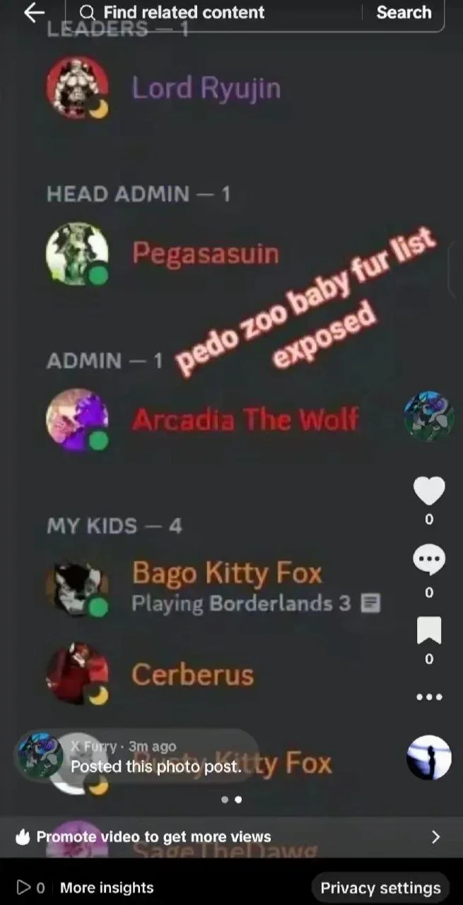 Screenshot of a mobile app showing a list of user profiles with usernames and statuses. The profiles include Lord Ryuujin, Pegasauin, Arcadia The Wolf, Bago Kitty Fox, Cerberus, and Kitty Fox, some with green or yellow dots indicating online status. 