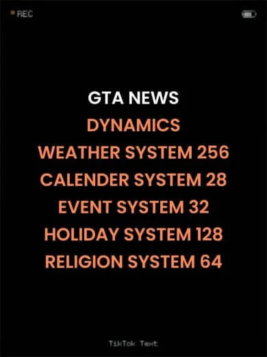Screen displaying GTA News with system categories and their corresponding numbers, including Dynamics, Weather System, Calendar System, Event System, Holiday System, and Religion System.