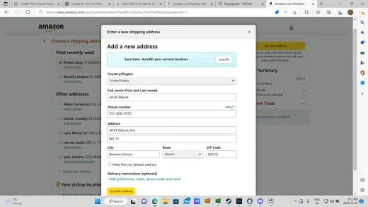 Amazon order checkout page with a form to add a new shipping address, including fields for name, phone number, address, city, state, zip code, and delivery instructions.