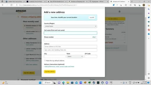 Screenshot of an Amazon website page showing a form to add a new shipping address, including fields for country, full name, phone number, address, city, state, ZIP code, and a checkbox for making it the default address.