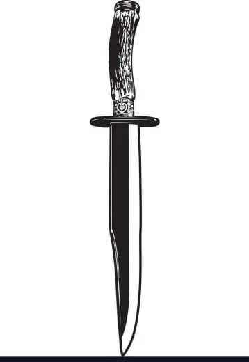 Illustration of a hunting knife with a wooden handle and a black blade.