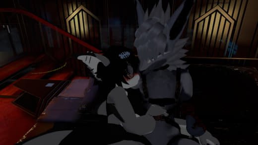 Two anthropomorphic characters, a wolf and a rabbit, sitting together in a dimly lit room.