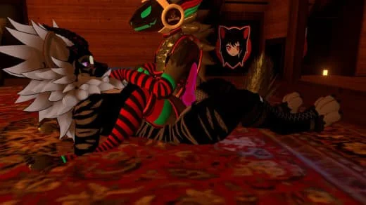 Furry character in a zebra and wolf costume lying on a carpeted floor in a wooden room, with a framed picture of a fox face on the wall.