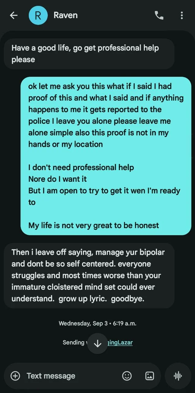 Screenshot of a WhatsApp chat conversation between Raven and another person, discussing mental health, trust, and self-improvement.