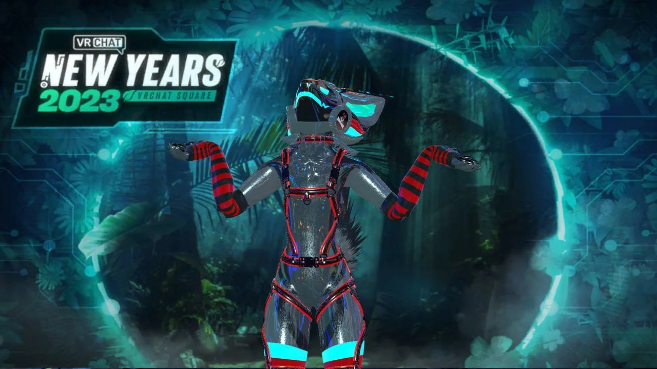 A robot dog with a transparent body and glowing blue and red accents is standing in a virtual jungle with digital effects. The top left corner displays a graphic reading 'VR Chat New Years 2023 VRChat Square'.