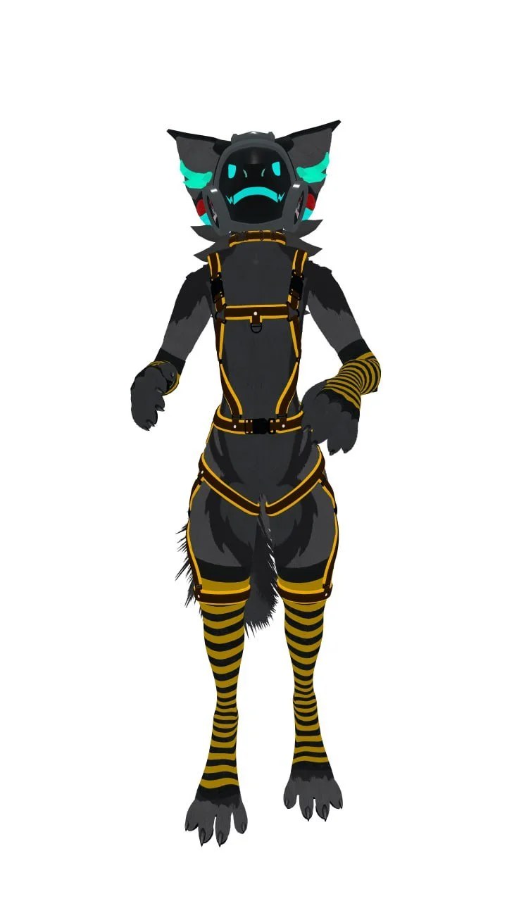 Anthropomorphic tiger character in black and yellow harness and striped socks, with glowing blue accents and cyberpunk-style mask.