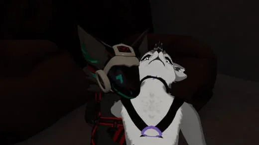 A black and white dog wearing a collar with a purple tag, sitting in front of a person wearing a virtual reality headset in a dimly lit room.