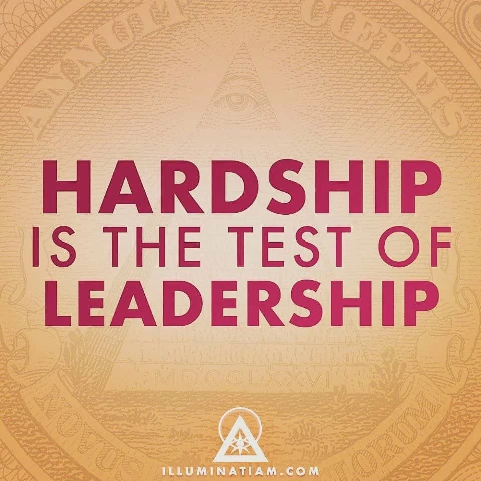 A motivational quote stating, 'Hardship is the test of leadership,' over a background featuring the Great Seal of the United States.