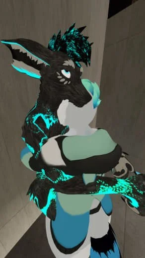 Close-up of an anthropomorphic dragon character with black and teal fur, glowing accents, and a spiky hairstyle.