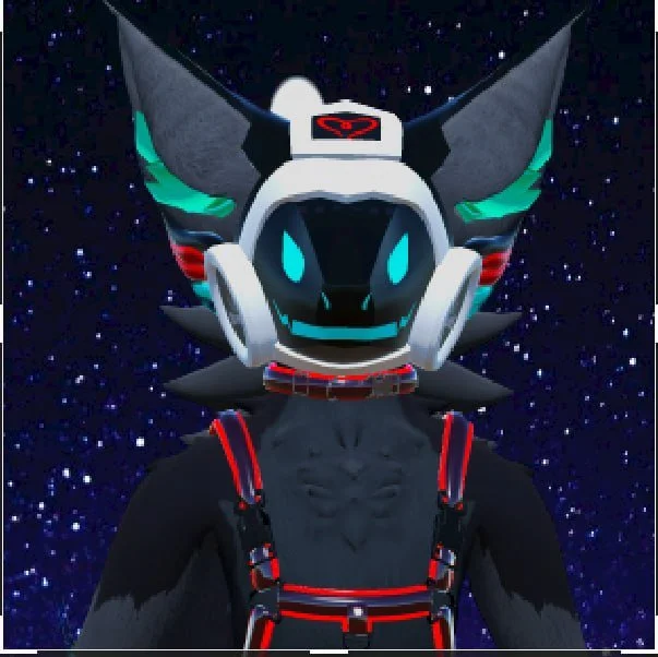 Digital illustration of an anthropomorphic wolf character wearing a headset, with a starry space background.