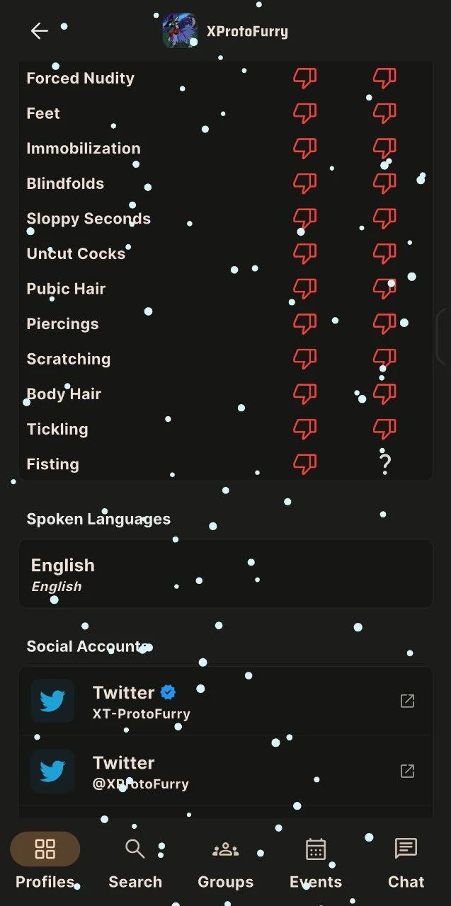 A screenshot of a social media profile named 'XProtoFurry' with options for reporting various inappropriate content. The profile shows the user's Twitter handle '@xprotofurry' and has options related to explicit or sensitive topics, each marked with 