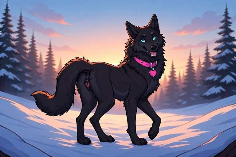 Animated black dog with blue eyes wearing a pink collar with a heart-shaped tag, standing on snow in a winter forest at sunset.