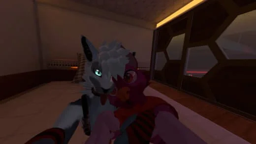 Two characters, one anthropomorphic wolf and one anthropomorphic dog, taking a selfie inside a room with wood-paneled walls and a large window with geometric panes.