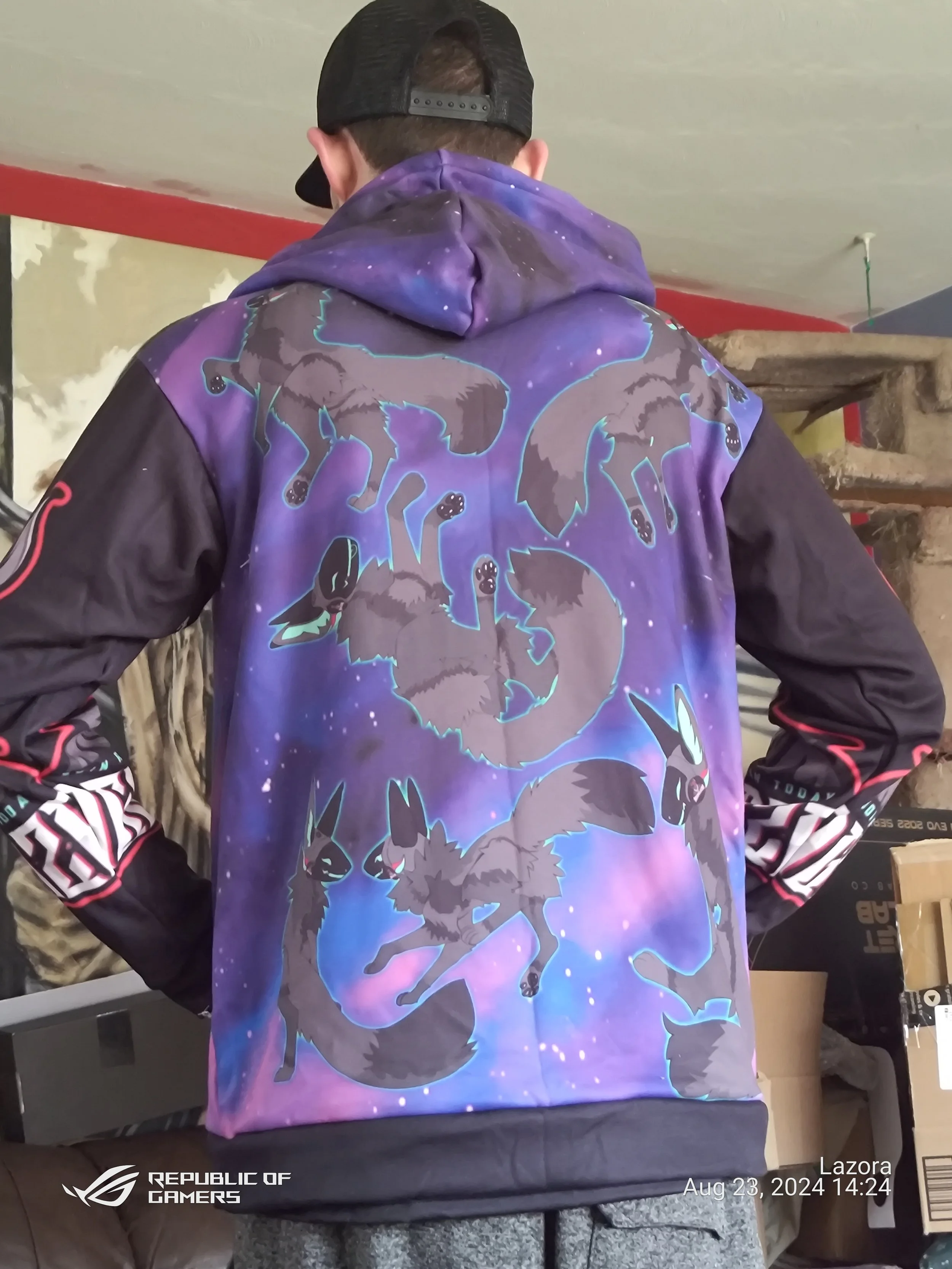 Person wearing a black cap and a purple hoodie with wolf graphics, viewed from behind in a room with various furniture and objects.