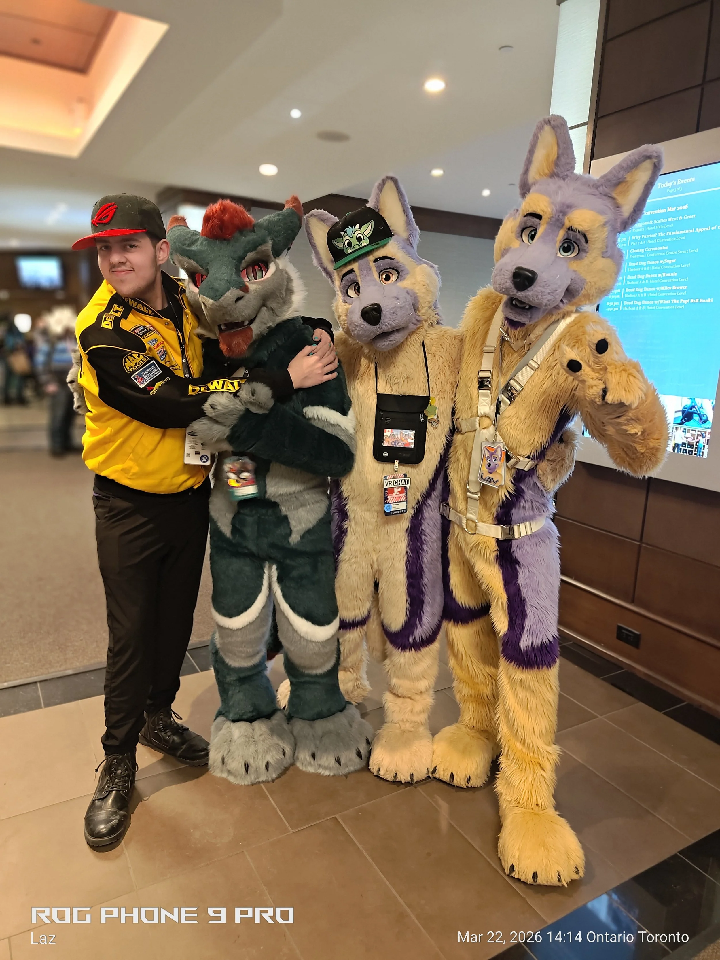 A person standing next to three people dressed in colorful fursuits resembling animals, at an indoor event. One of the fursuits is of a green and gray creature, and two are of yellow and purple creatures with large ears.