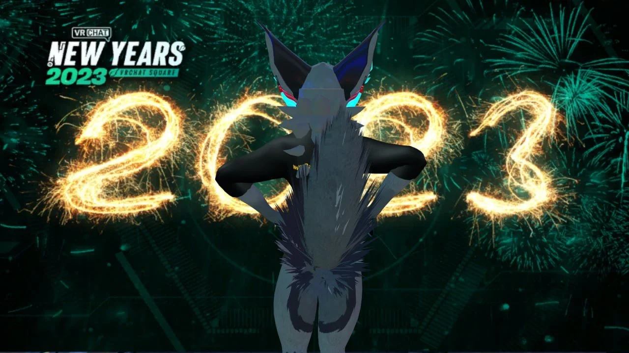 A digital illustration of a wolf anthropomorphized character with black and gray fur, standing with arms on hips in front of a New Year's celebration background. The background features bright green fireworks and the numbers 2023 written in fiery spa